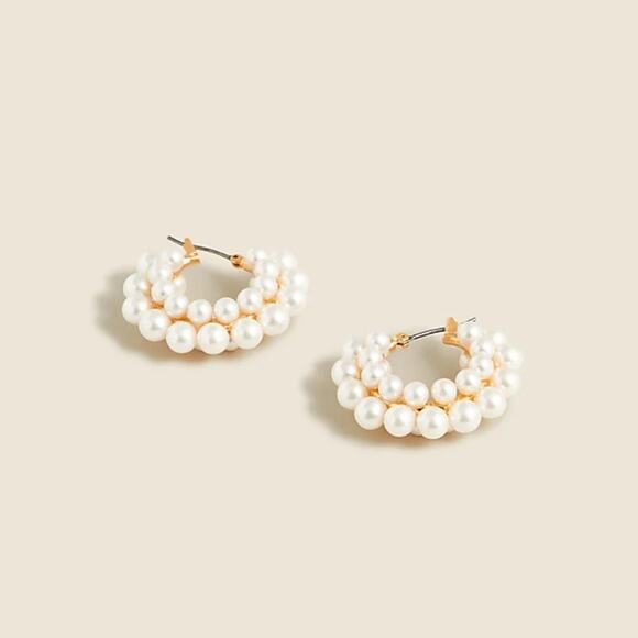 NEW J. Crew Layered Mini Pearl Cluster Hoops - Picture 2 of 7